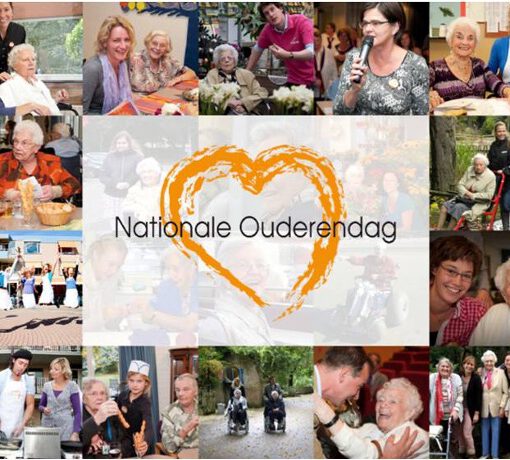 Fotocompilatie van vrolijke senioren van verschillende leeftijden met in het midden een oranje hart met in het zwart de tekst Nationale Ouderendag