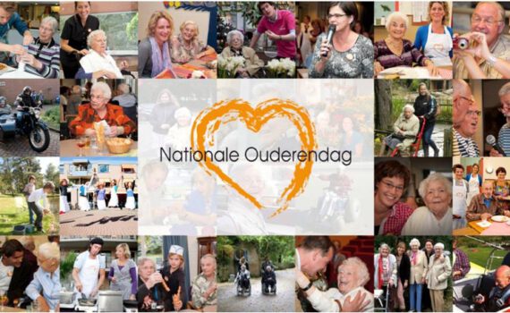 Fotocompilatie van vrolijke senioren van verschillende leeftijden met in het midden een oranje hart met in het zwart de tekst Nationale Ouderendag