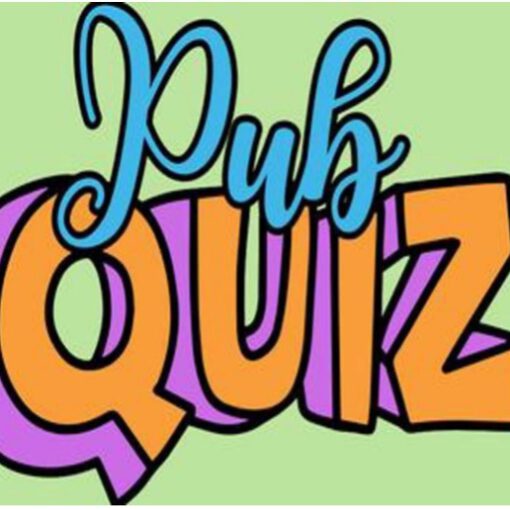 Pubquiz logo met mintgroene achtergrond. In het klein in aan elkaar geschreven blauwe letters 'pub' en daaronder in kapitale blokletters 'quiz' in het oranje met paarse schaduwrand.