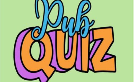 Pubquiz logo met mintgroene achtergrond. In het klein in aan elkaar geschreven blauwe letters 'pub' en daaronder in kapitale blokletters 'quiz' in het oranje met paarse schaduwrand.