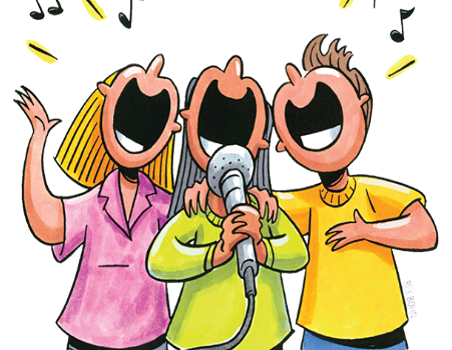 Plaatje van drie getekende poppetjes die vrolijk aan het zingen zijn. Promotie voor de meezingmiddag van VVS Hillegom in Bloemswaard op 8 oktober.