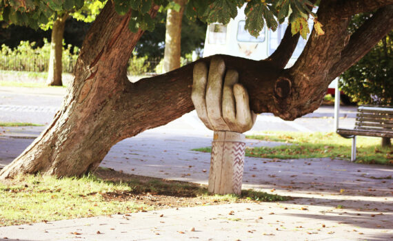 Beeld van overhangende boom waarbij de onderste tak wordt ondersteund door een grote uit hout gesneden hand.