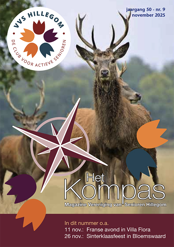 Cover van het blad van Vereniging van Senioren Hillegom, november 2025 editie. Op de cover een foto van een groot hert. In de linker bovenhoek het logo van de vereniging en onder een paarse balk met in diapositief tekst met inhoud van het nummer.