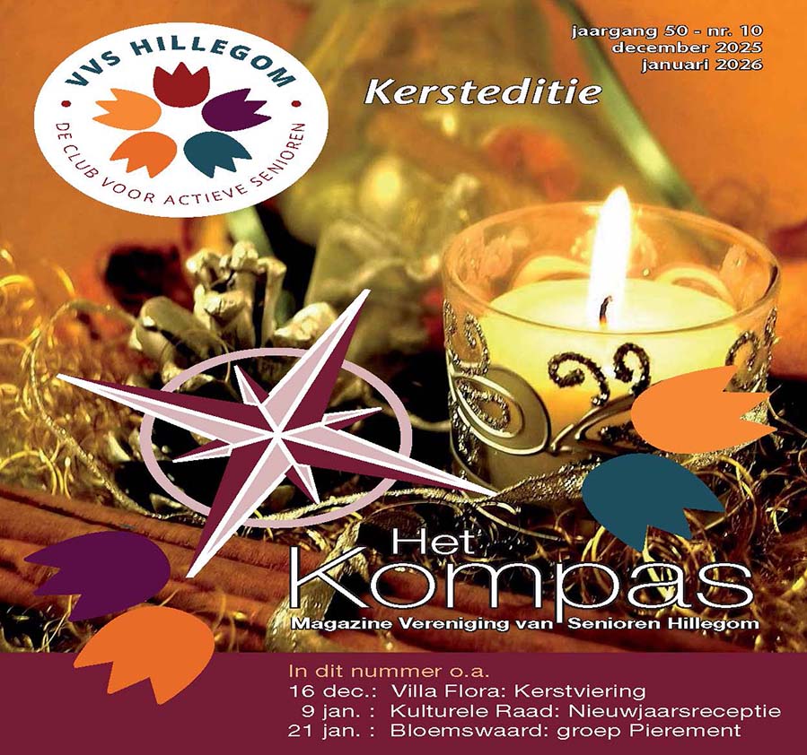 Cover van Het Kompas, december nummer 2025. Met foto van sfeervol kerstlichtje in groen.
