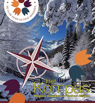Cover van ledenblad Het Kompas van de seniorenvereniging VVS Hillegom - editie februari 2026. Grote foto van besneeuwd landschap met linksboven het logo van VVS Hillegom en onderaan enkele bulletpoints met data en onderwerpen