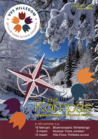 Cover van ledenblad Het Kompas van de seniorenvereniging VVS Hillegom - editie februari 2026. Grote foto van besneeuwd landschap met linksboven het logo van VVS Hillegom en onderaan enkele bulletpoints met data en onderwerpen