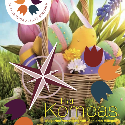 Cover april-nummer 2026 ledenblad Het Kompas van VVS Hillegom met als achtergrondfoto een rieten mand vol tulpen en eitjes.