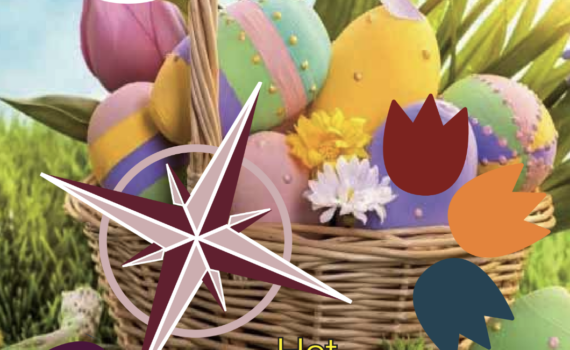 Cover april-nummer 2026 ledenblad Het Kompas van VVS Hillegom met als achtergrondfoto een rieten mand vol tulpen en eitjes.