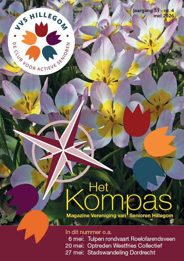 Foto van ledenblad Het Kompas nummer 4 mei 2026 van seniorenvereniging VVS Hillegom. Grote foto van lichtroze anemoontjes met een geel hart. Links bovenin logo van VVS Hillegom en rechts onderin uitgelichte onderwerpen.