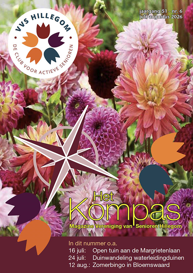 Cover van ledenblad Het Kompas van VVS Hillegom. Op de achtergrond tal van Dahlia's en Allium's in rood, roze, paars, geel. Linksboven het logo van VVS Hillegom bestaande uit verschillende kleuren tulpen en de tekst VVS Hillegom. Onderin een paarsrode tekstbalk met in het wit highlights uit het nummer.