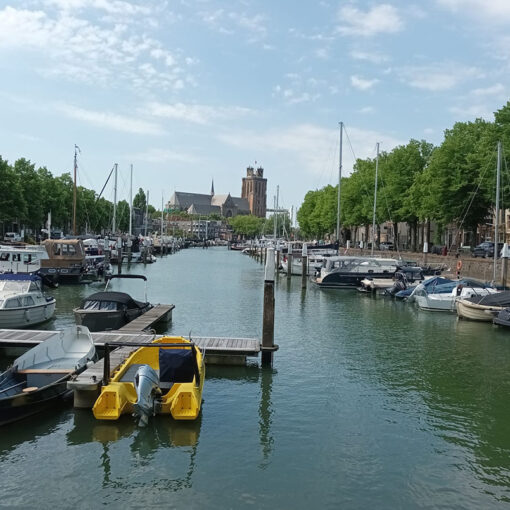 Haven Dordrecht met aan zijkanten boomrijke kades met aangemeerde bootjes. In de verte zie je de Grote Kerk van Dordrecht zonder toren.