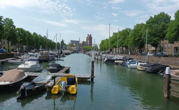 Haven Dordrecht met aan zijkanten boomrijke kades met aangemeerde bootjes. In de verte zie je de Grote Kerk van Dordrecht zonder toren.