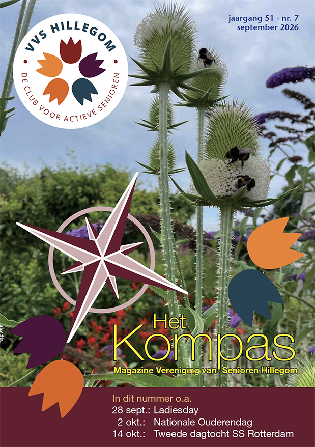 Coverfoto van ledenblad Het Kompas van VVS Hillegom. Grote foto van witte distels met drie bijen op de bloemen. Linksboven het ronde tulpenlogo van VVS Hillegom. Onder een bordeaux-rode tekstbalk met highlights uit het nummer